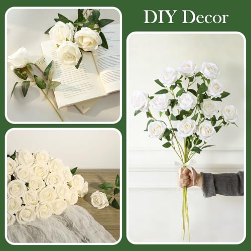 50 PCS White Roses Artificial Flowers, Real Looking Fake Roses with Long Stems Silk Flowers for DIY Wedding Bouquet Party Celebration Home Bridal Shower Decoration Valentine's Day Gift for Her Wife - color: White
