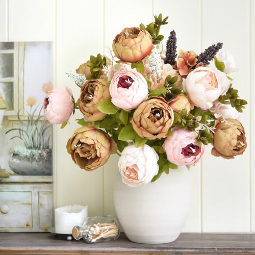 FiveSeasonStuff Artificial Peony Bouquets, 2 Silk Flower Bundles in Mixed Pale Pink & Tawny Brown with Hydrangeas for Wedding Centerpieces & Home Decor - color: Mixed Pink and Brown