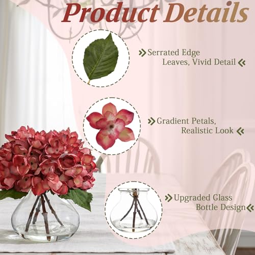 Rose Red Artificial Hydrangea Flowers with Glass Vase, Faux Floral Arrangements with Fake Water, Lifelike Hydrangeas Table Centerpieces for Dining Room, Coffee Table, Bathroom Decor - color: D-rose Red