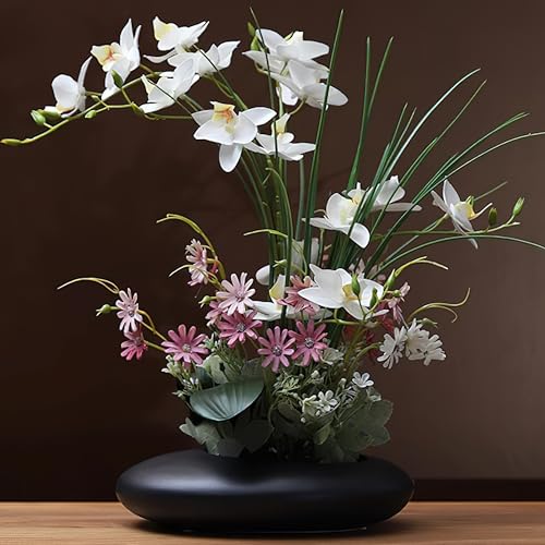 SYDDOL 17'' Artificial Phalaenopsis Flowers Arrangement Artificial Orchid Bonsai in Ceramic Pot Zen Fake Flower Silk Orchid Flower for Home Wedding Party Décor Mothers Day Flowers (White + Blacke Pot) - color: White Flower + Black Pot
