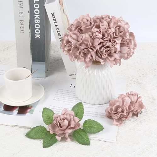 IPOPU Artificial Gardenia Flowers 25PCS 3.15’’ Artificial Foam Roses Bulk Fake Flower Heads with Stems for DIY Wedding Bouquets Party Home Centerpieces Decor(Vintage Pink) - color: Vintage Pink