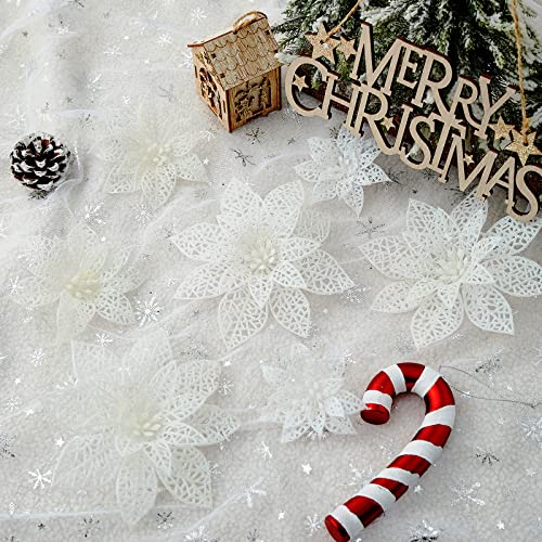 Wironlst 24 Pieces Glitter Poinsettia Flowers Christmas Tree Ornaments, Glitzy Poinsettia Bushes Christmas Decorations for Xmas/Holiday/Seasonal/Wedding (White) - color: White