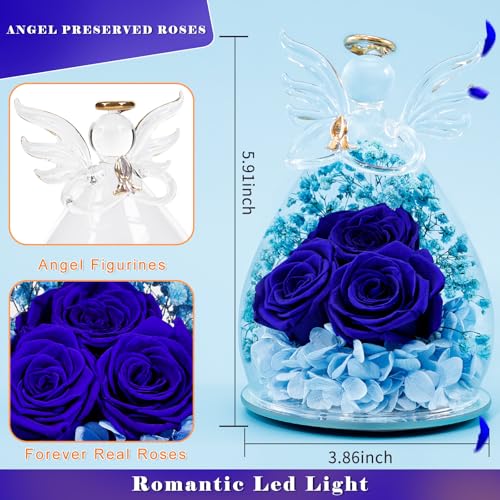 Beferr Gifts for Mom Birthday Gifts for Women, Fresh Flowers for Delivery Forever Preserved Rose in Glass Angel Figurine, Anniversary Christian Real Rose for Grandma Wife Mother from Daughter Son - color: E Dark Blue