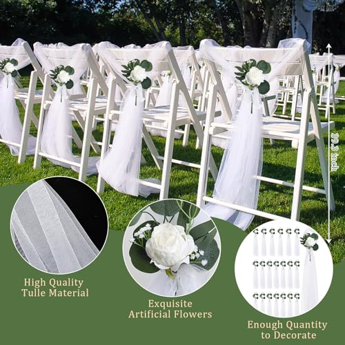 20 Sets Wedding Aisle Decorations, 39.4 Inches Artificial Silk Rose Flowers with Long Tulle Tails for Church Pew Chair Bench, Ceremony Reception Party Bridal Shower Arrangements - White - color: White