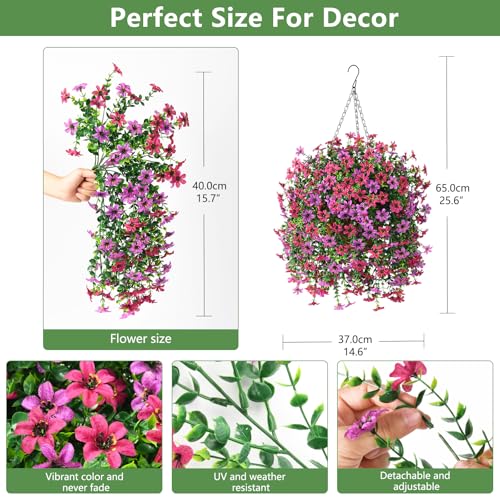 INQCMY Artificial Faux Hanging Flowers Plants Basket for Outdoor Outside Spring Summer Decoration,UV Resistant Fake Silk Daisy in Planter Resistant Look Real for Home Porch Balcony Patio Yard Decor - color: Purple Red Light Purple