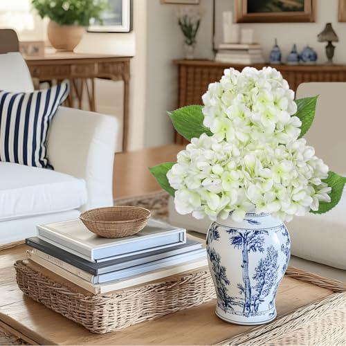 Oairse 3Pcs White Hydrangea Artificial Flowers 19.7 in Real Touch Faux Hydrangea Stems Silk Flowers with Stems White Fake Flowers Bouquet for Floral Arrangements Table Centerpieces Wedding Home Decor - color: White
