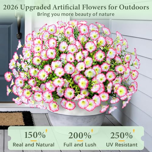 Yastouay Artificial Flowers for Outdoors, 26 Bundles Fake Outdoor Flowers, UV Resistant Artificial Plants & Flowers for Decoration, Pink Realistic Morning Glory for Outdoor Porch Garden Decoration - color: Pink, size: 26 Bundles