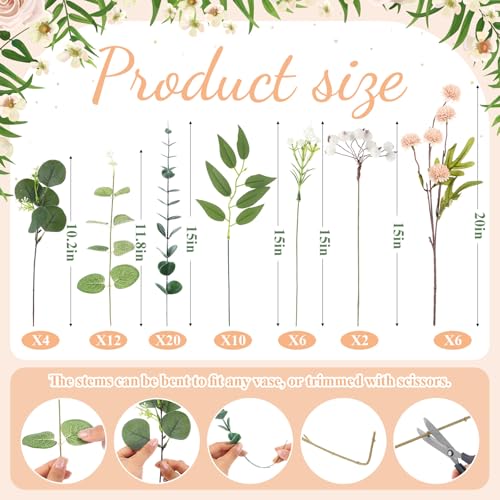 Yinder 60pcs Mixed Artificial Eucalyptus Stems and Faux Flower Set, Greenery Eucalyptus Branch Baby's Breath Silver Dollar Stem Berry and Silk Mums for Vase Centerpieces Wedding Arrangement Home Decor - color: Beige