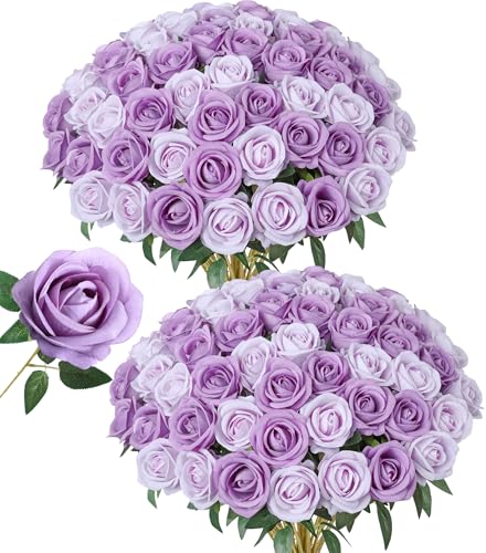 50 PCS Purple Roses Artificial Flowers, Fake Roses with Stem Realistic Silk Roses for DIY Wedding Bouquets Table Centerpieces Arrangements Baby Shower Birthday Home Decor Valentine's Day Gift for Her - color: Dusty Violet & Pale Lavender