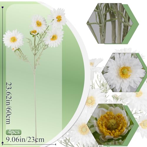 CISDUEO 4 Pcs Artificial Wildflowers Bulk Spring Decor White Fake Cosmos with Long Stems Silk Flower Mums Chrysanthemum Faux Flowers Arrangements for Wedding Bouquet Table Centerpiece Planter Outdoor - color: White