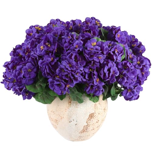 Hananona Artificial Geranium Flowers for Outdoors Geranium Silk Flowers Outdoor UV Resistant Garden Plants Faux Flowers for Home Kitchen Table Centerpieces Decor (12, Purple) - color: Purple