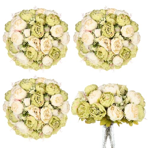 Olgaa 4 Bunches Peonies Artificial Flowers Faux Flowers Bouquet Silk Peony Hydrangea for Vase Wedding Centerpiece Bridal Shower Garden Party Home Decor (Green) - color: Green
