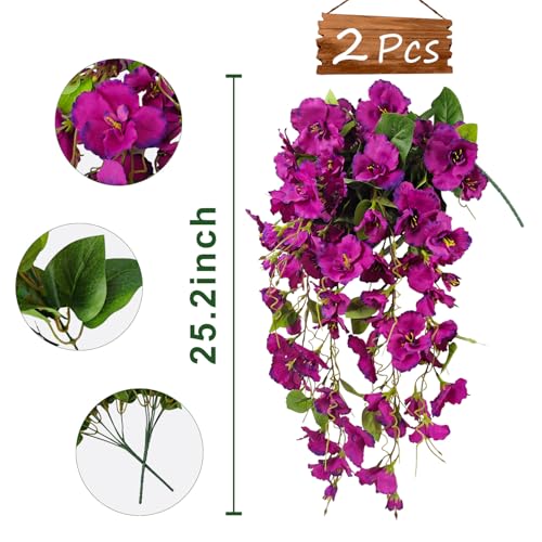 Artificial Fake Hanging Flowers Plants for Outdoor, Faux Silk Hibiscus Long Trailing Vines Realistic UV Resistant for Home Indoor Outside Front Porch Planter Patio Yard Decor,2Pcs (Purple) - color: Purple