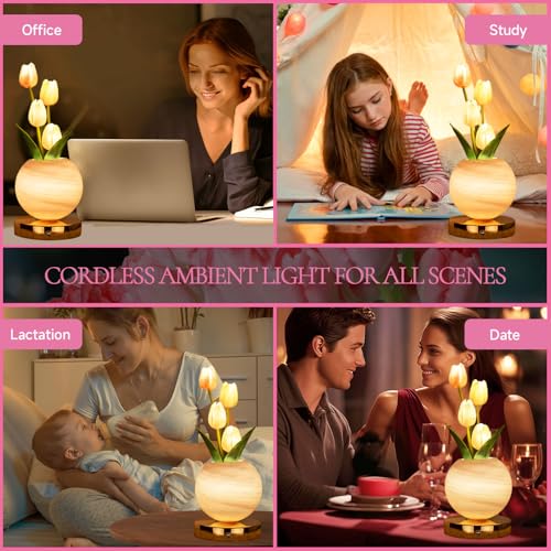 Tulip Table Lamp, Rechargeable Cordless Touch Dimming Artificial Tulip Flower Desk Lamp, LED Flower Bedside Night Light Romantic Gifts for Girl Women Mom (Pink) - color: Pink