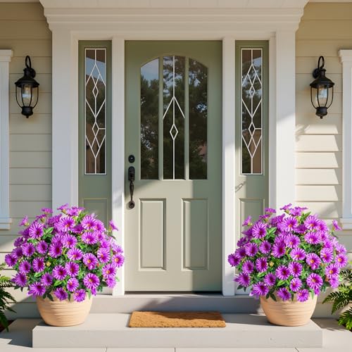 Purple Artificial Morning Glory Flowers for Outdoor Planters, Premium UV Resistant Silk Faux Flowers for Porch, Hanging Basket & Window Box, Cottage Garden Decor, No Pot, 13.3 Inch, 8 Bundles - color: Dark Purple 8pcs