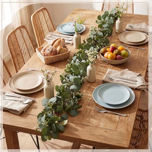 Thiccywoov 2 Pack Artificial Eucalyptus Garland 6.5 ft Each Faux Silver Dollar Leaves Greenery Artificial Vines with White Accents for Wedding Table Runner Home Mantle Outdoor Decor (Green) - color: Green