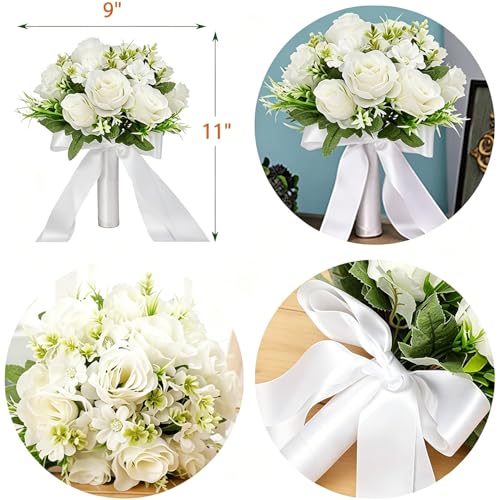 CYANLUX Wedding Bouquets for Bride Bridesmaid Bouquet Champagne White Artificial Roses Flowers for Wedding Valentine's Day Church Home Decoration (White)… - color: White