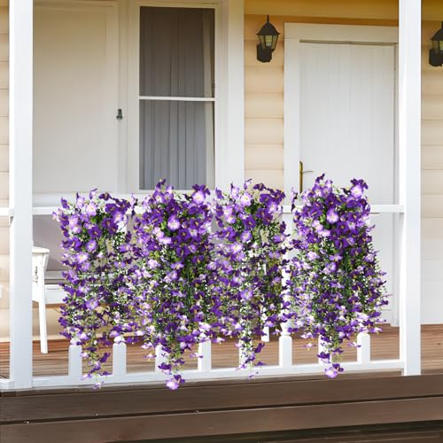 Artificial Hanging Flowers Plants for Outdoor Spring Summer Decoration, 2PCS Faux Silk Morning glory UV Resistant Look Real for Outside Home Indoor Planter Porch Garden Yard Decor(Dark Orchid) - color: Dark Orchid