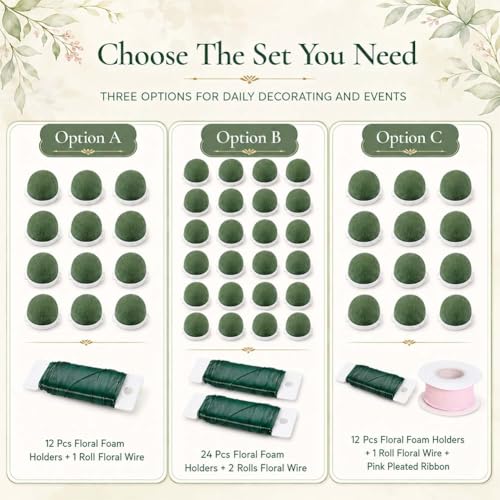 Floral Foam Holder for Fresh Flowers, Mini Half Ball Flower Foam with Base, Florist Foam for Wine Bottle Vase Decor, Dry Artificial Flower Supplies (12Pcs+1Wire+Ribbon)