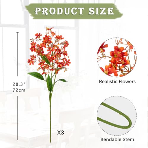 Hollyone Artificial Daphne Flowers with Long Stem 3Pcs Faux Fall Autumn Orange Flowers 28.3” Fake Silk Flowers Piacks Bouquet for Floral Arrangement Wedding Party Centerpiece Table Home Decor - color: Orange