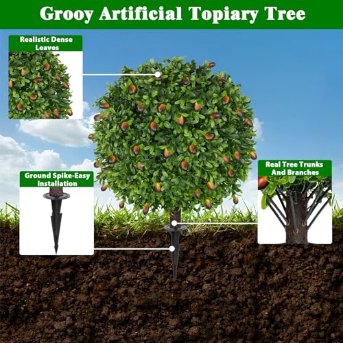 Grooy 2 Pack Artificial Olive Topiary Tree, Artificial Shrub Bushes with Ground Spike, Fake Evergreen Tree for Porch, Artificial Plants for Outdoor Planters Indoor UV Resistant - color: Olive