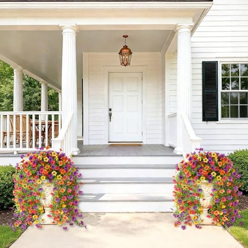 Artificial Hanging Flowers for Outdoors, 2 Pcs Fake Hanging Plants Spring Summer Decor, UV Resistant Faux Silk Daisy Flower for Front Door Porch Planter Patio Yard Garden(Purple Rose Orange Yellow) - color: Purple, Rose, Orange, Yellow