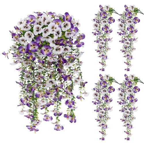 Artificial Hanging Flowers for Outdoors, 4 PCS 29.5in UV Resistant Faux Outdoor Hanging Plants Pansy Flowers Fake Cascading Floral Vines for Porch Patio Balcony Pergola, Purple White - color: White&purple