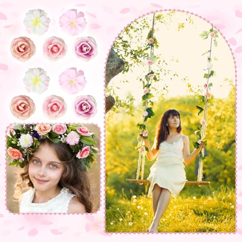 Hanaive 80 Pcs Mini Silk Flower Heads Small Fake Peony Daisy Rose Plum Blossom Bulk Artificial 3D Fabric Flower Heads Bulk for DIY Wedding Hair Dresses Crafts Decoration(Pink Color) - color: Pink Color