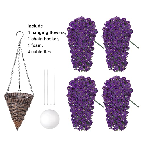 HyeFlora Artificial Faux Hanging Flowers Plants Basket for Outdoor Outside Porch Decoration, UV Resistant Fake Silk Purple Morning Glory Trailing Vines Realistic for Summer Home Balcony Yard Patio - color: Purple Morning Glory