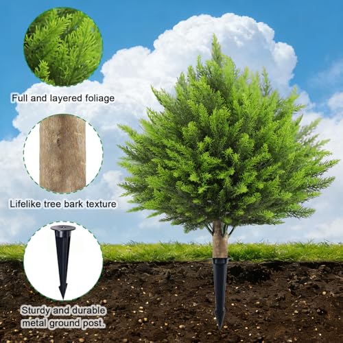 24" Artificial Ceder Topiary Trees, UV Resistant Faux Plants Shrubs Bushes Fake Greenery Plants for Front Door Indoor Outdoor Home Decor with Metallic Spike - color: Cedar Ball Tree