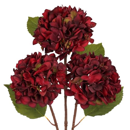 Hollyone 3Pcs Dark Red Hydrangea Artificial Flowers Faux Dried Touch Hydrangeas Silk Flowers with Stems Fake Fall Florals Flower for Home Wedding Table Centerpiece Vase Arrangements Fall Decorations - color: Red - Dried Hydrangea