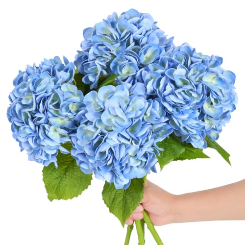 Nubry 4Pcs Blue Hydrangea Artificial Flowers, 22.5In Latex Faux Real Touch Large Hydrangea Flowers with Long Stems & Leaves for Home Office Decor Wedding Party Arrangements(Blue) - color: Blue, size: 4 Pcs