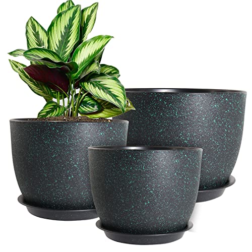 WOUSIWER Plant Pots 10/9/8 inch, Set of 3 Modern Decorative Plastic Planters with Drainage Holes and Saucers for House Plants Indoor Flowers Plants, Black with Green Speckles - color: Black With Green Speckles