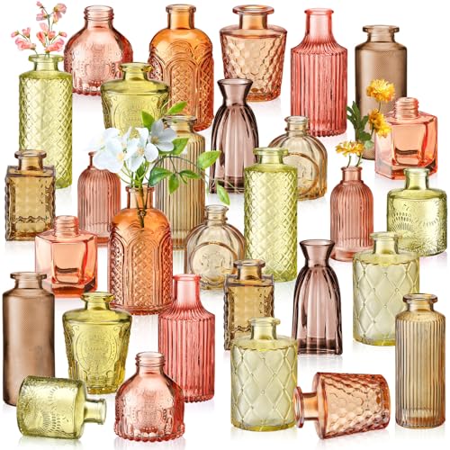 Yaomiao 30 Pcs Vases Bulk Colored Flower Glass Bud Vases Valentine Vintage Colored Glass Bottles Colorful Rustic Embossed for Home Wedding Table Decorations Gifts(Orange Yellow Series) - color: Orange Yellow Series