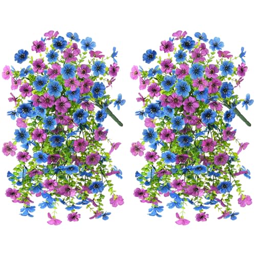 INQCMY 2Pcs Artificial Fake Hanging Flowers for Outdoors UV Resistant Artificial Plants for Spring Summer Decor Look Real Faux Flowers for Outside Home Planter Porch Patio Decor - color: Purple Blue