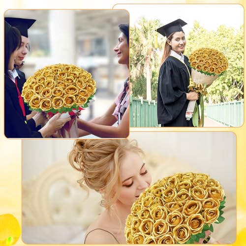 72 Pcs Artificial Roses Gold Fake Silk Roses Realistic Roses Faux Flower Indoor Wedding Home Decor, Birthday Decorations - color: Gold
