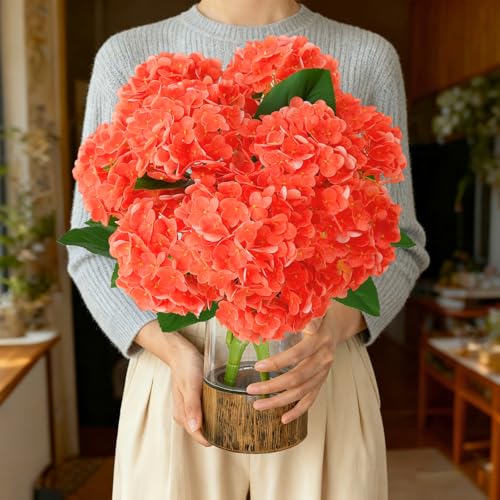 A Bunch 21in, Orange Real Touch Hydrangea Artificial Flowers, with 10pcs Flower Head 20pcs Leaves, Faux Hydrangea Flowers for Home Office Decor Wedding Party Arrangements (2, Orange-red) - color: Orange-red, size: 2 Bunch