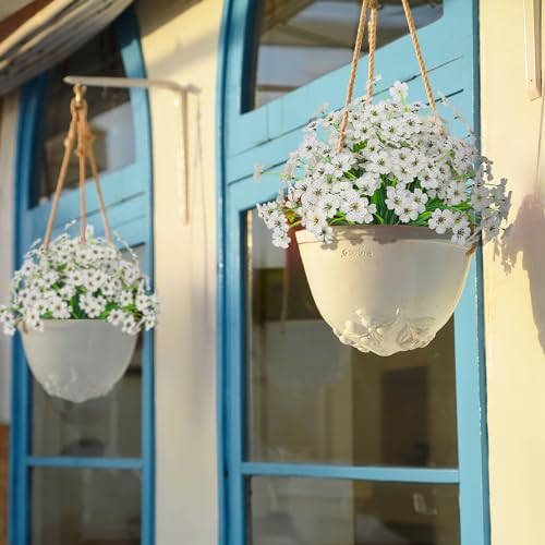 Outdoor Artificial Flowers 21 UV Resistant Bundles Fake Flower Plastic Plants Faux Silk Flowers Porch Hanging Garden Porch Window Box Decorating (White) - color: White