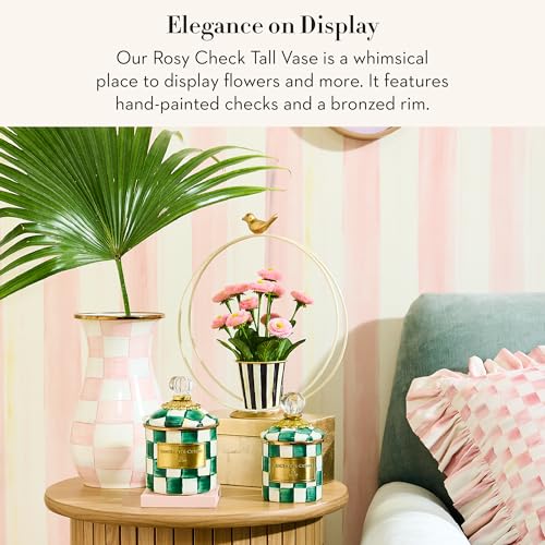 MACKENZIE-CHILDS Tall Enamel Vase, Unique Flower Vase Decor, Bouquet Holder for Living Room, Pink-and-White Rosy Check - color: Rosy Check