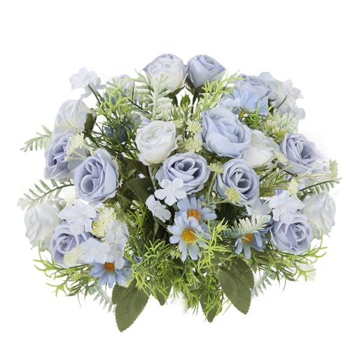 3 Pack Artificial Flowers Bouquet Fake Flowers Plants Blue Faux Flower Arrangements for Wedding Home Centerpieces Decor - color: Blue