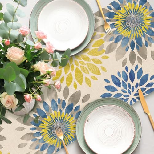 Geometric Dahlia Flower Dining Table Runner, Blue Yellow Floral Modern Art Burlap Kitchen Decoration, Spring Summer Farmhouse Indoor Outdoor Home Decor Party Supply 13 x 36 Inches - color: Dahlia, size: Table Runner 13''X36''