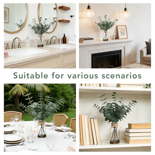 15.74” Artificial Eucalyptus Stems in Glass Vase with Faux Water & Natural Stones, Lifelike Fake Greenery for Modern Farmhouse Home Decor, Bathroom Decor, Office Desk Centerpiece - color: Sl-0973