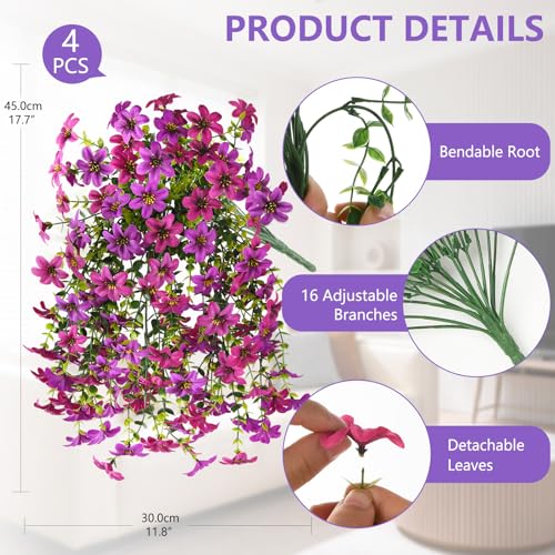 Artificial Hanging Baskets Outdoor, 4 Bundles Artificial Hanging Flowers Outdoors Spring Summer Decoration, No Fade Realistic Fake Hanging Baskets for Porch Patio Balcony Home Yard Decor - color: Light Purple Red