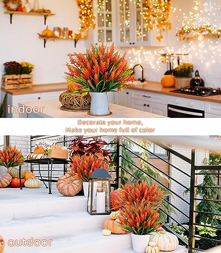 RECUTMS 12Pcs Spring Fake Fall Flowers Outside,Artificial Plants Outdoor, UV Resistant Faux Monkey Grass Greenery Stems Faux Plastic Flowers Shrubs for Weddings Garden Porch Front Patio Decor(Orange) - color: Orange