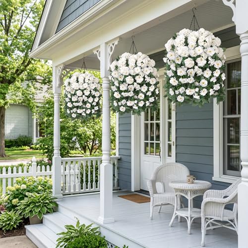 Artificial Geraniums Fake Hanging Flowers Basket for Spring Outdoor Decoration, Faux Plants Silk Geraniums Vines in Planter UV Resistant Look Real for Outdoors Yard Patio Porch Home Decor, White - color: White