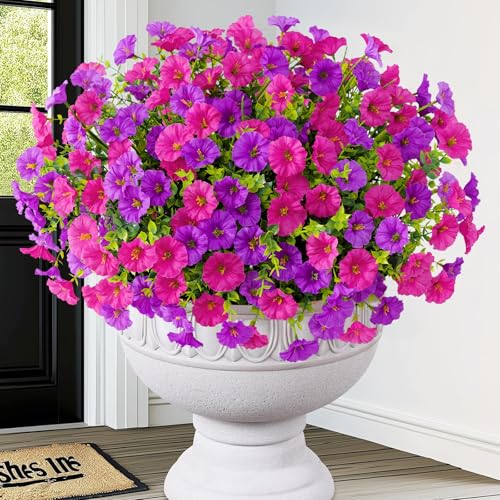 Artificial Flowers for Outdoors, 26 Bundles Fake Outdoor Flowers, UV Resistant Artificial Outdoor Plants & Flowers for Decoration, Colorful Morning Glory for Garden Porch Yard Patio, Purple & Fuchsia - color: Purple & Fuchsia, size: 26 Bundles