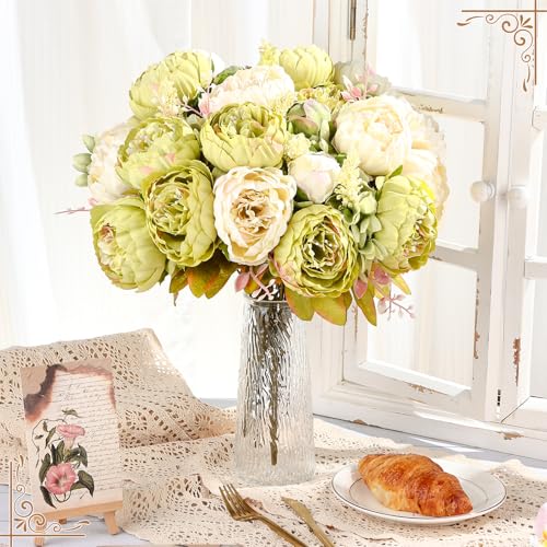 Olgaa 4 Bunches Peonies Artificial Flowers Faux Flowers Bouquet Silk Peony Hydrangea for Vase Wedding Centerpiece Bridal Shower Garden Party Home Decor (Green) - color: Green