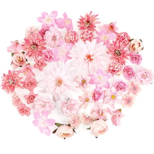 LACGO 48 PCS Fake Flowers Heads - Artificial Flower Heads Bulk Silk Faux Rose DIY Flower Embellishments Blossom Wreath Bouquets for Crafts Wedding Bridal Party Baby Shower Home Decoration(Pink) - color: Pink