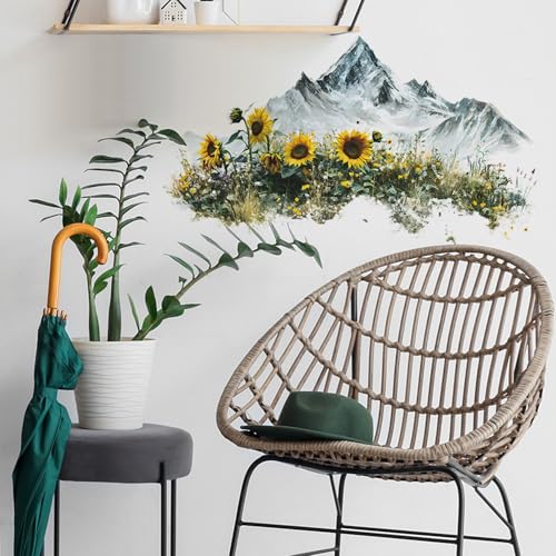 Mountain Wall Decals Summer Sunflowers Wall Stickers Peel and Stick Removable Vinyl Nature Wallpaper Art Sticker Decal for Kitchen Living Room Bedroom Bathroom Decorations - style: Mountain