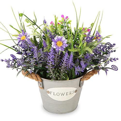 Artificial Lavender Plant 10" Purple Flowers with Violet Daisy in Galvanized Pot - Farmhouse Decor for Home Living Room Bedroom Bathroom Coffee Table - color: Lavender Flower With Purple Daisy